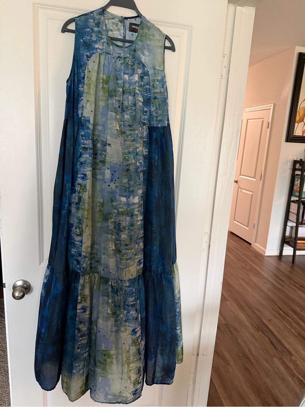 Johnny Was Blue & Green Sleeveless Tiered Maxi Dress, Slip included